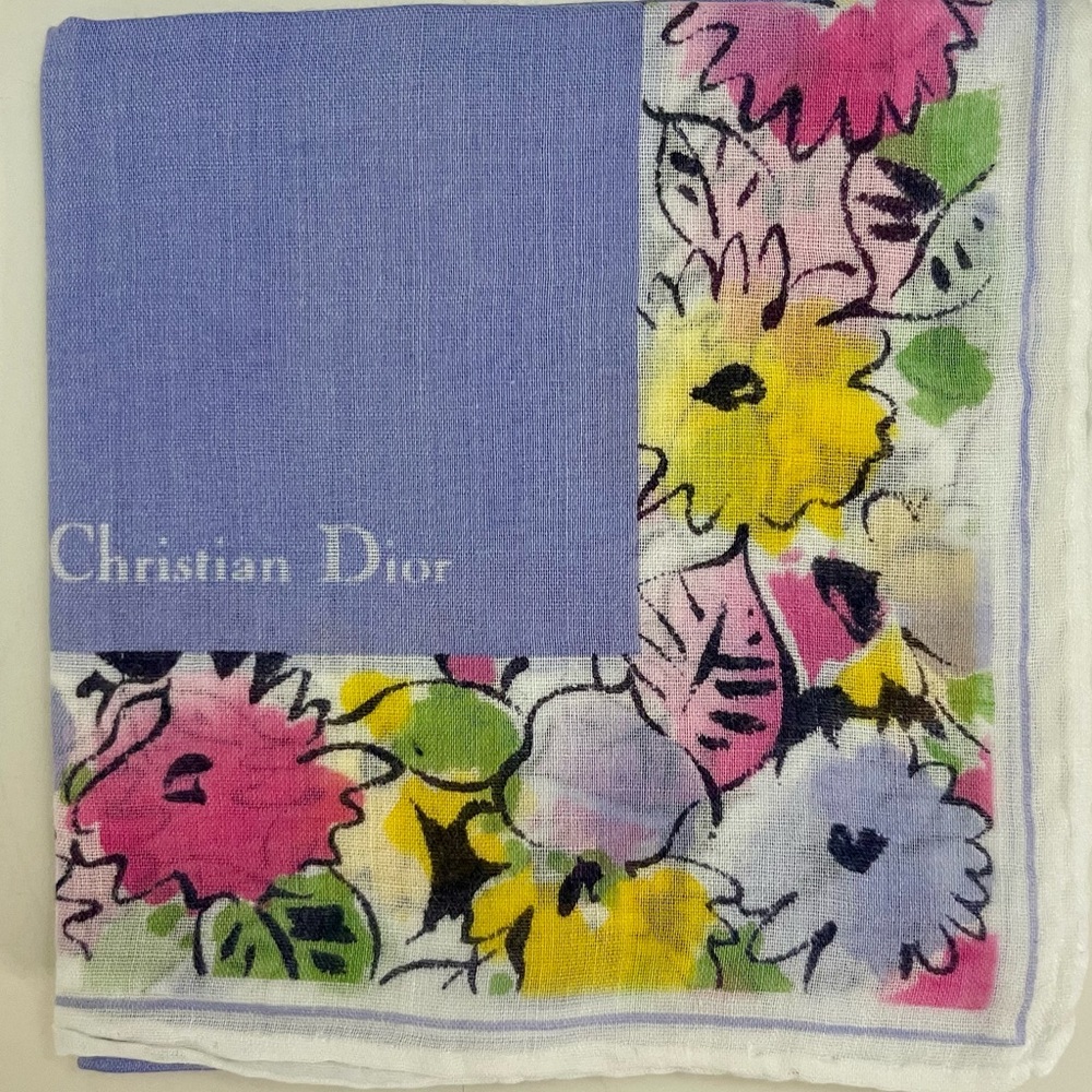 Vintage Christian Dior Floral Border Handkerchief - Periwinkle Blue